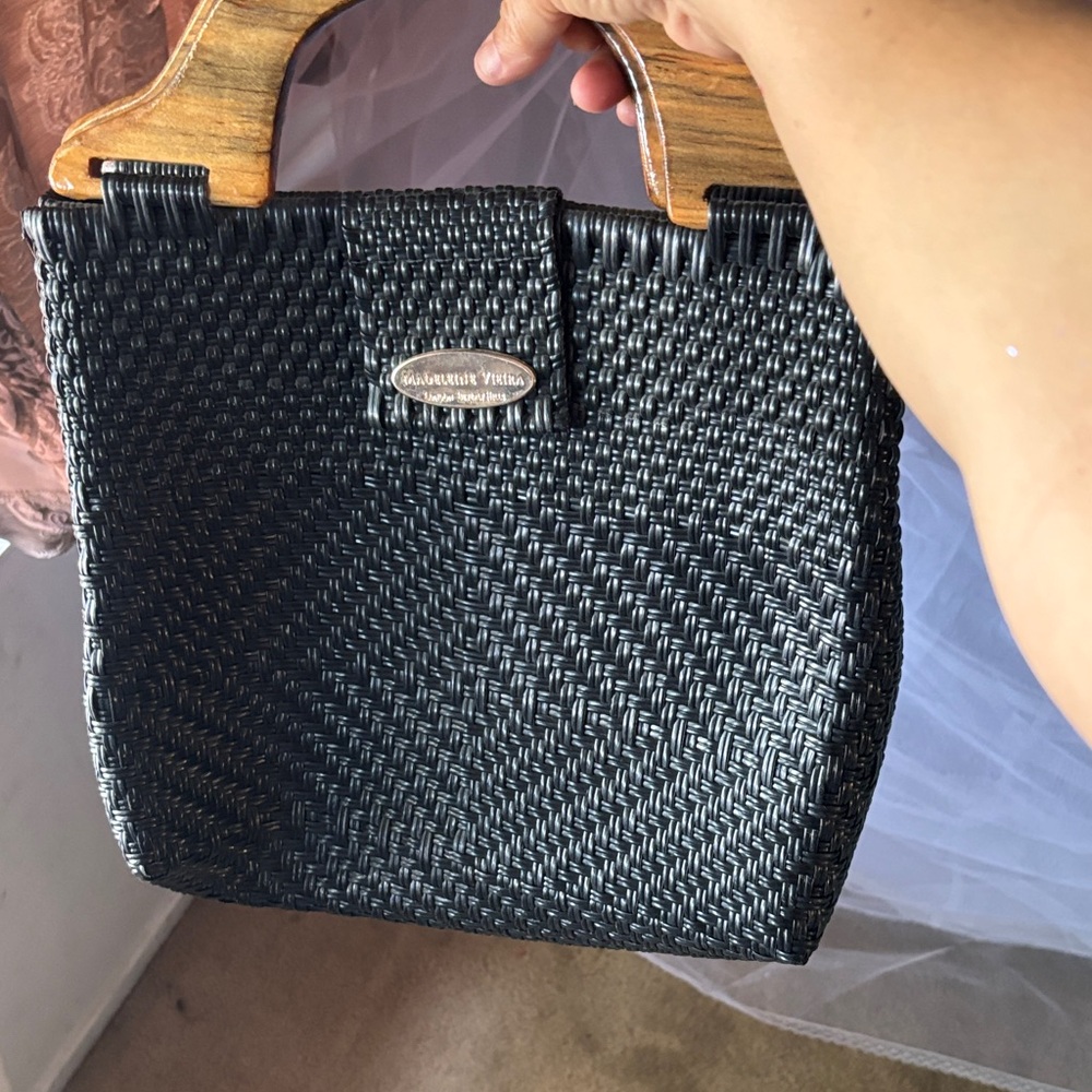 Black Woven Handbag with Wooden Handles